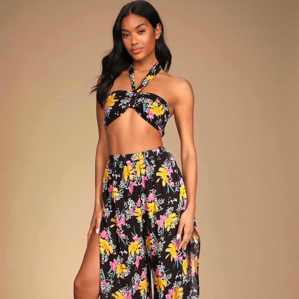 Lulu’s~ Black Floral Two-Piece Jumpsuit